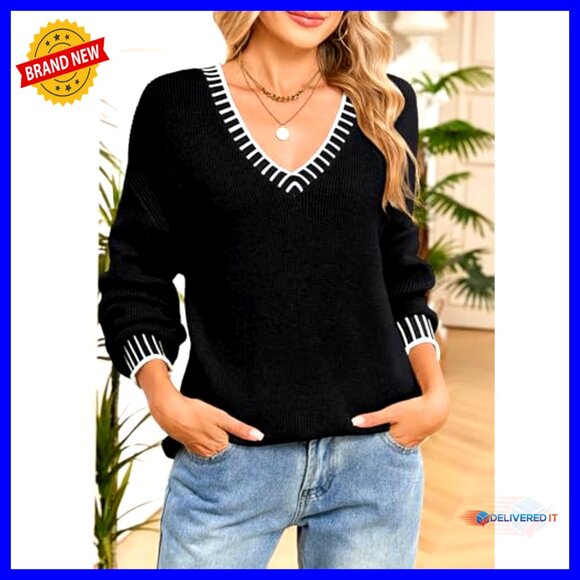 V Neck Pullover Sweater Chunky Knit Loose Fit Casual Elegant Fall Winter Tops - Picture 2 of 7